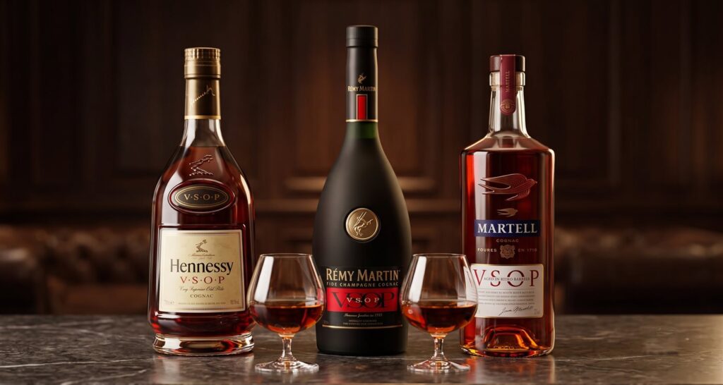 Ba chai cognac VSOP Hennessy, Rémy Martin, Martell cùng hai ly cognac