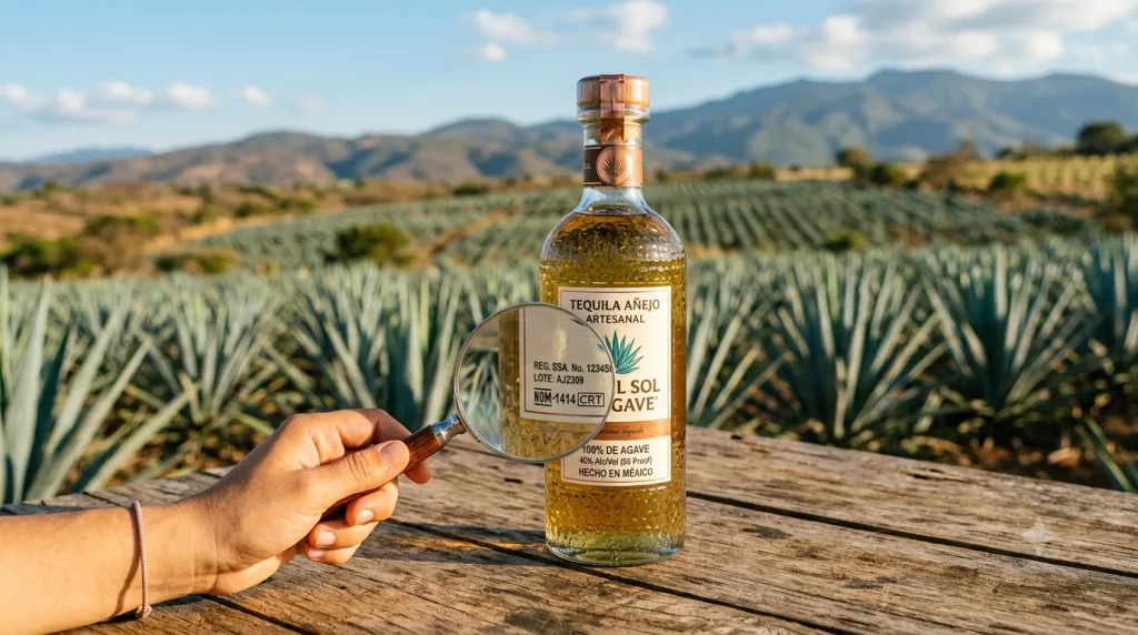 Chai tequila chính hãng đặt trước cánh đồng agave Mexico, kính lúp kiểm tra mã NOM trên nhãn