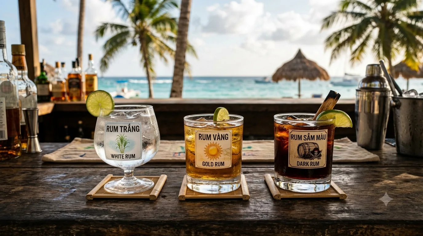 Ba ly rum trắng, vàng, sẫm màu trên quầy bar, phía sau khung cảnh Caribbean nhiệt đới