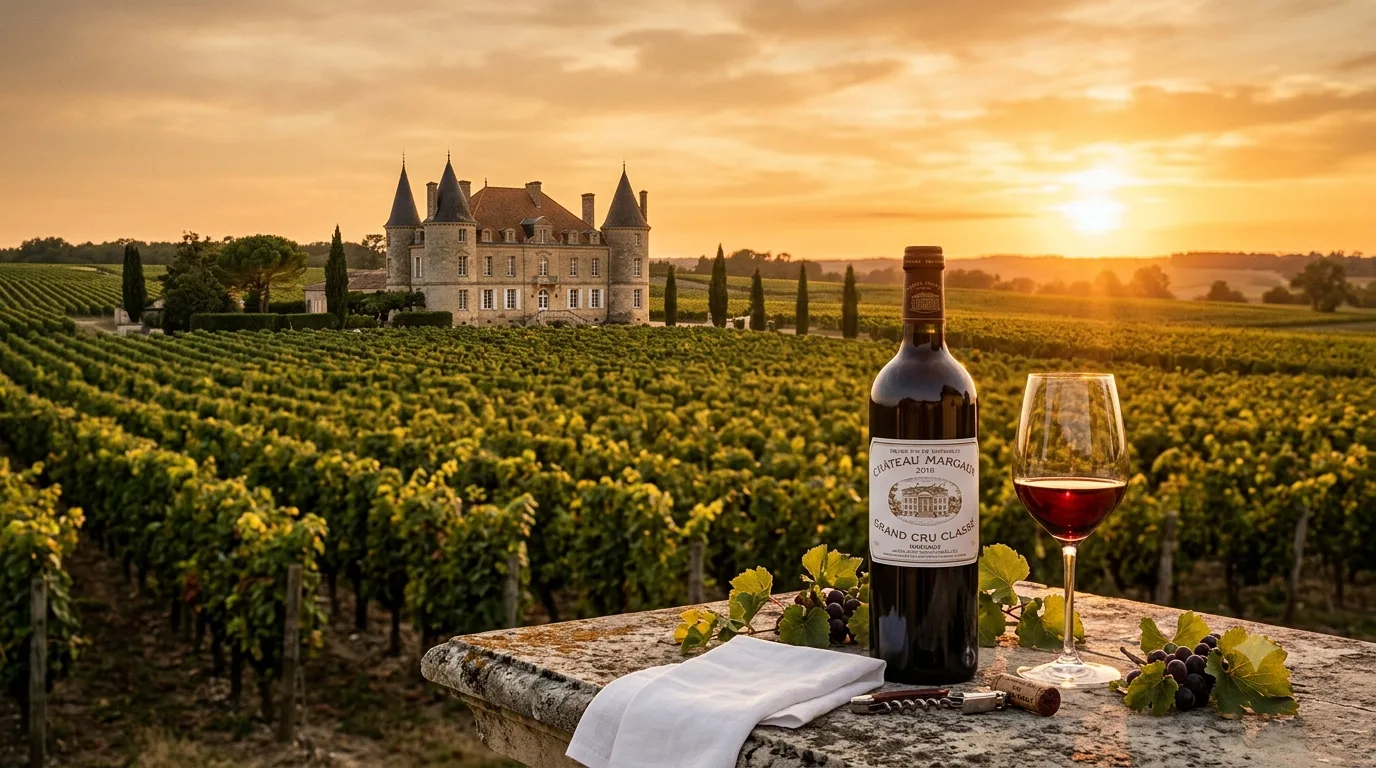 Lâu đài Bordeaux giữa vườn nho hoàng hôn, chai vang Grand Cru Classé