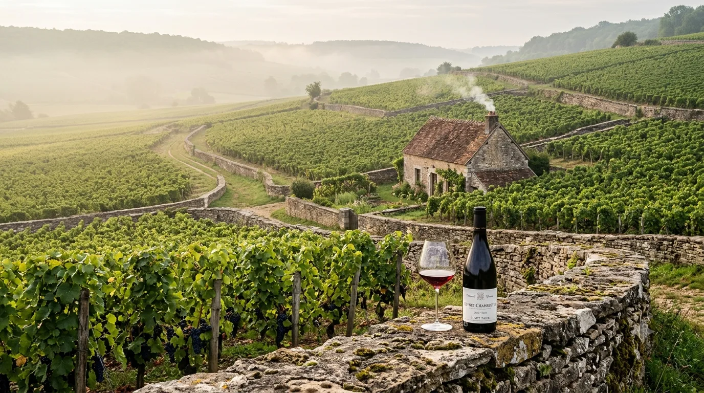 Vườn nho Burgundy chia thửa đất (climat) bằng tường đá thấp, khác với lâu đài Bordeaux