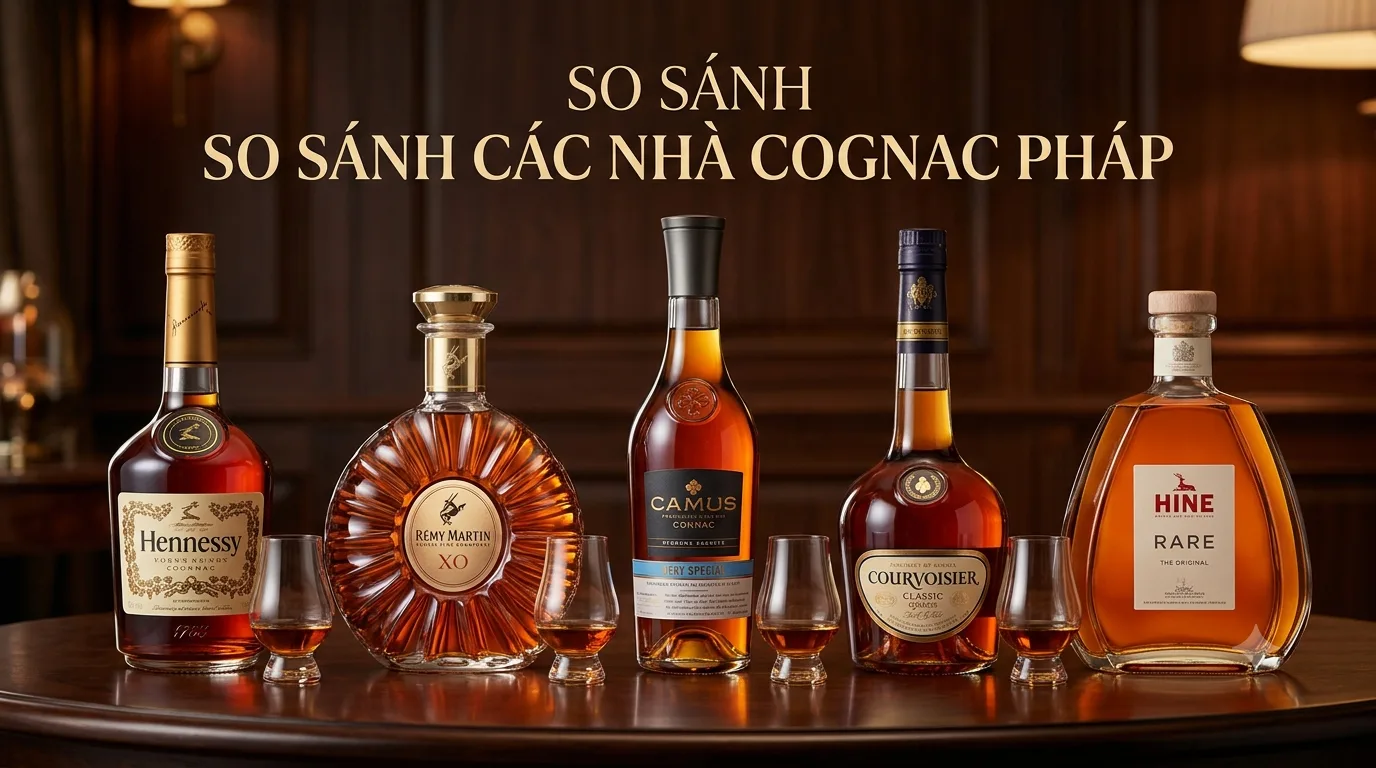 So sánh 5 nhà Cognac Pháp: Hennessy, Rémy Martin, Camus, Courvoisier, Hine đặt cạnh nhau trên bàn gỗ