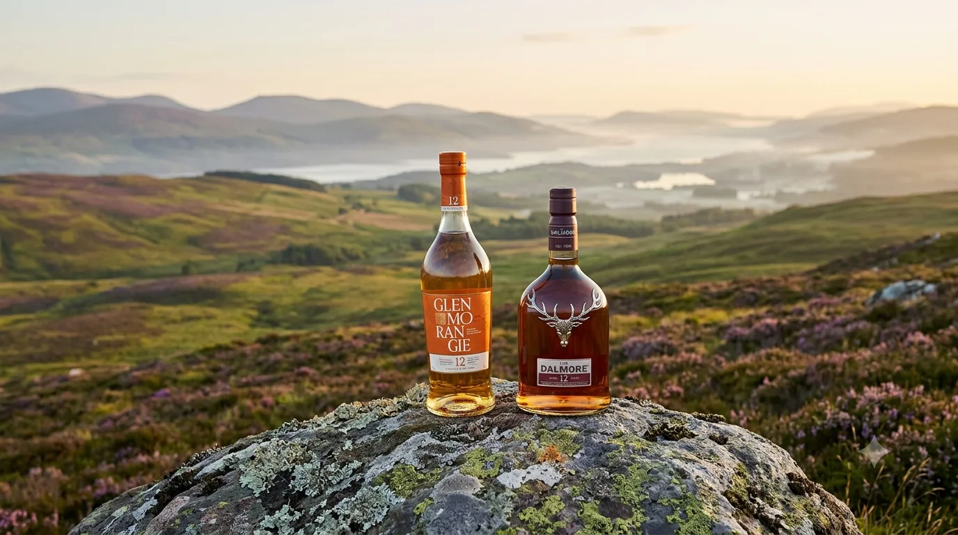 Cao nguyên Highland Scotland rộng lớn, chai whisky Glenmorangie và Dalmore đặt trên tảng đá