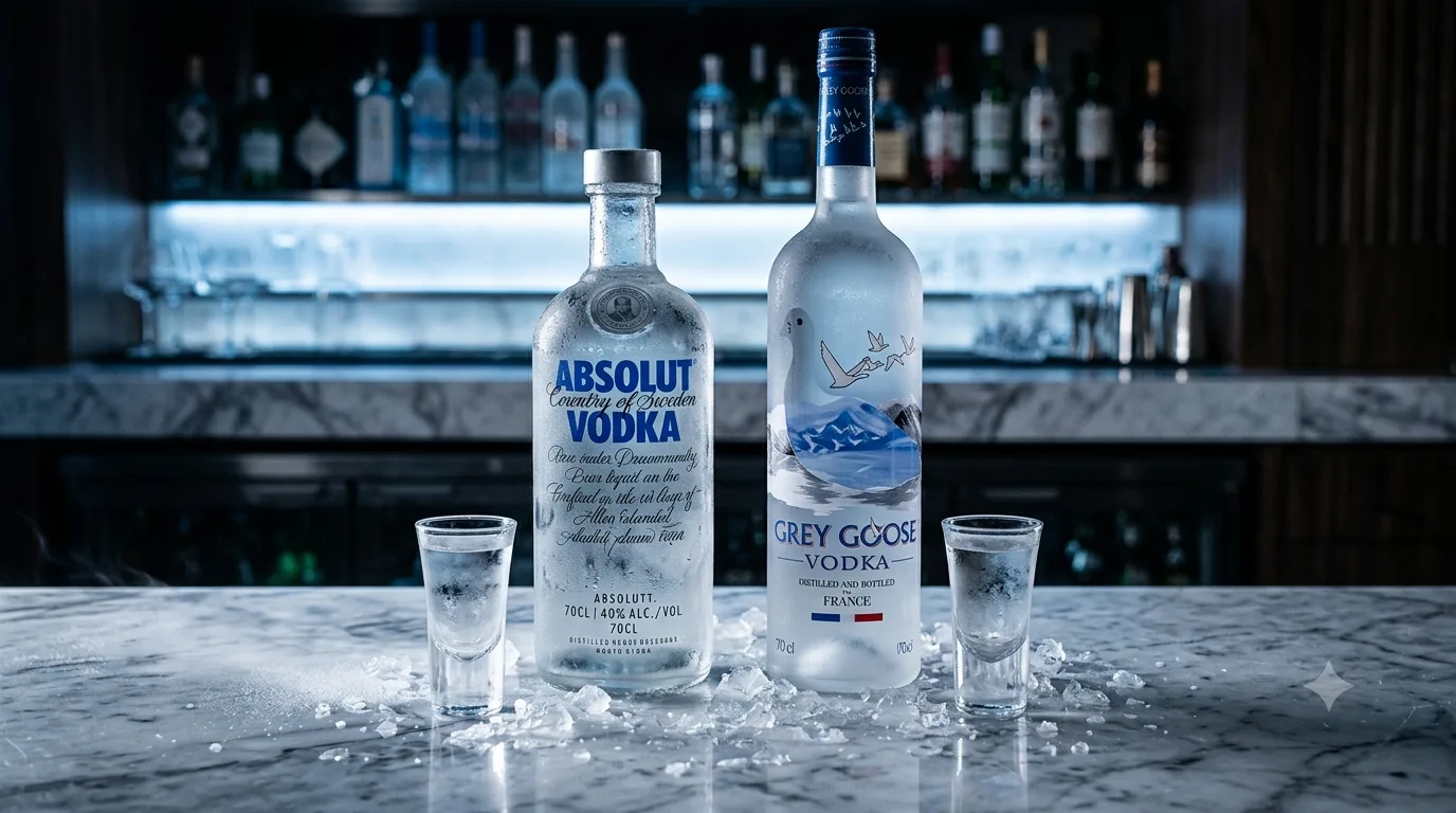 So sánh vodka cao cấp Absolut và Grey Goose trên bề mặt đá lạnh, ánh sáng xanh quầy bar