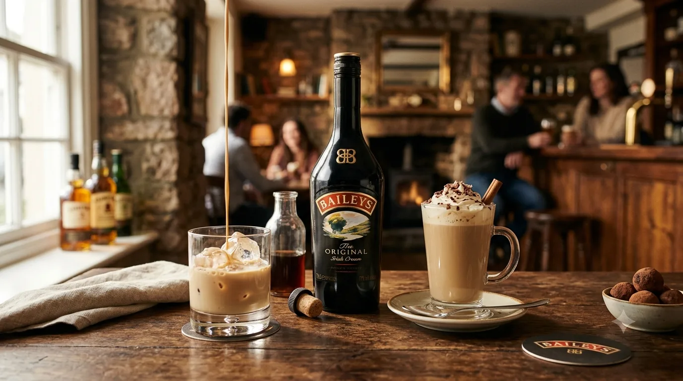 Chai Baileys Irish Cream bên ly cà phê và ly kem sữa, không gian quán cafe Ireland ấm áp