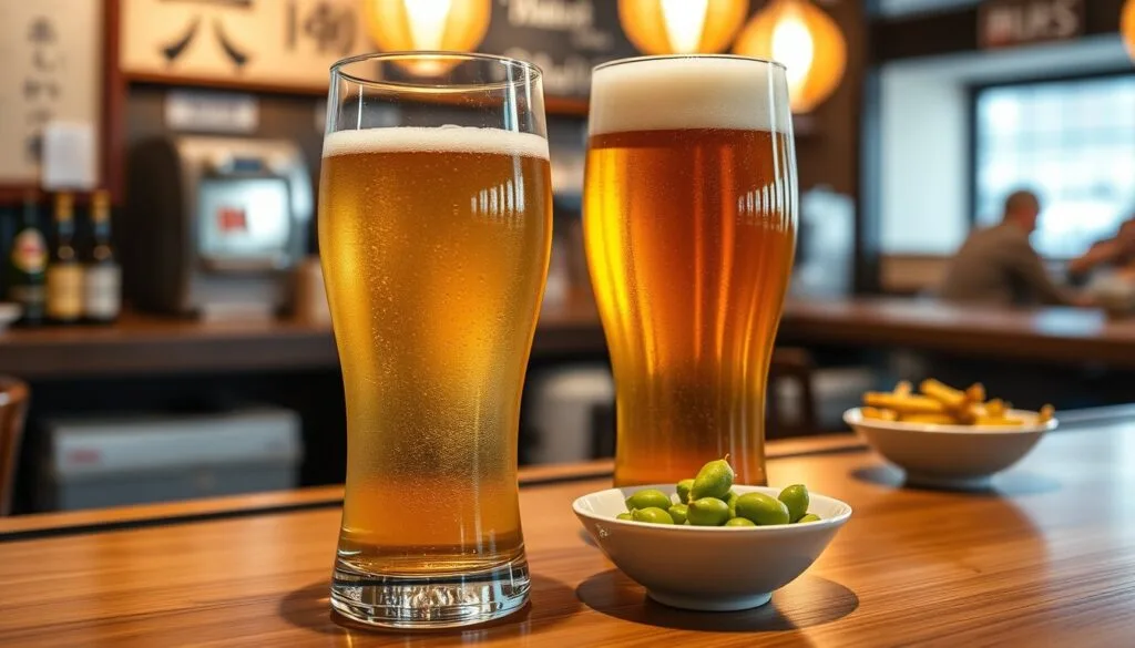 Hai ly bia lager màu vàng nhạt và vàng đậm trên quầy quán nhậu kiểu Nhật