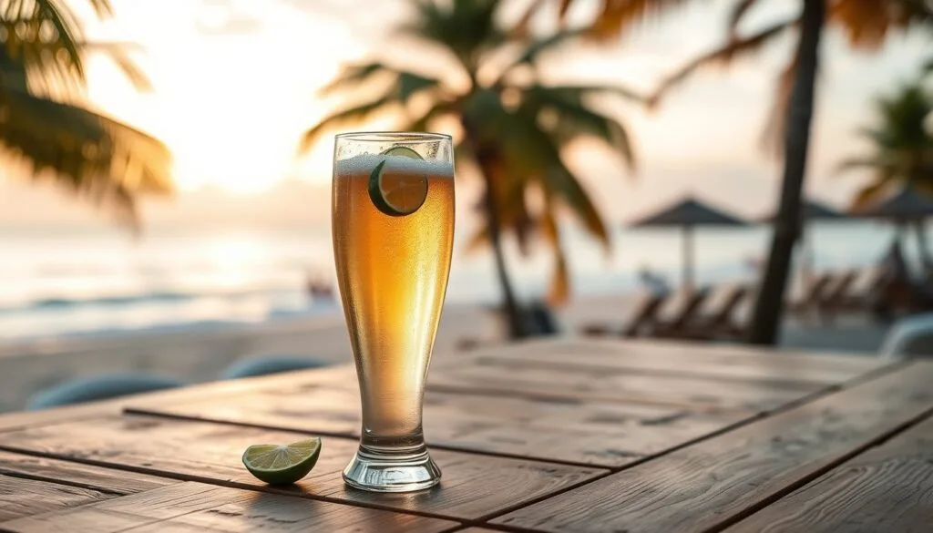 Hai ly bia lager to nhỏ kèm lát chanh trên bàn gỗ bãi biển lúc hoàng hôn
