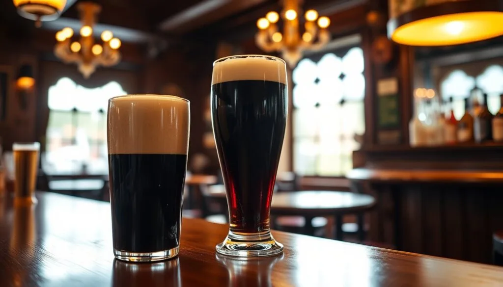 Ly bia đen stout bọt kem dày trên quầy gỗ quán pub kiểu Ireland