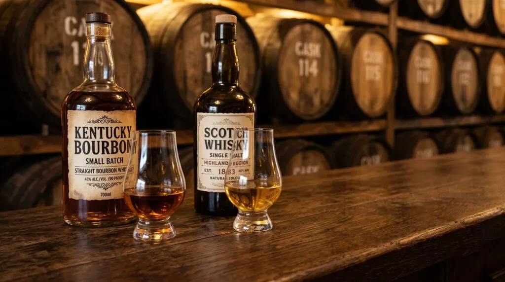 Ly bourbon màu hổ phách đậm và ly Scotch whisky màu vàng nhạt trên quầy bar