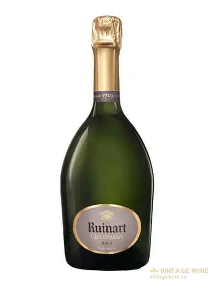Chai champagne Ruinart Brut thân xanh, nhãn bầu dục ghi Ruinart Champagne Brut