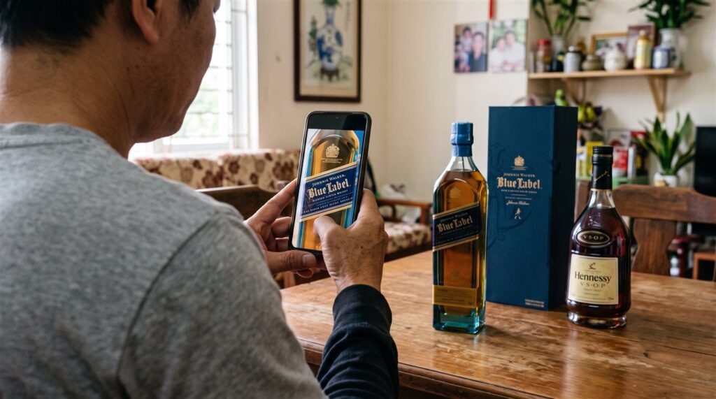 Chụp ảnh nhãn chai Johnnie Walker Blue Label bằng điện thoại để gửi VINTAGE WINE báo giá thu mua