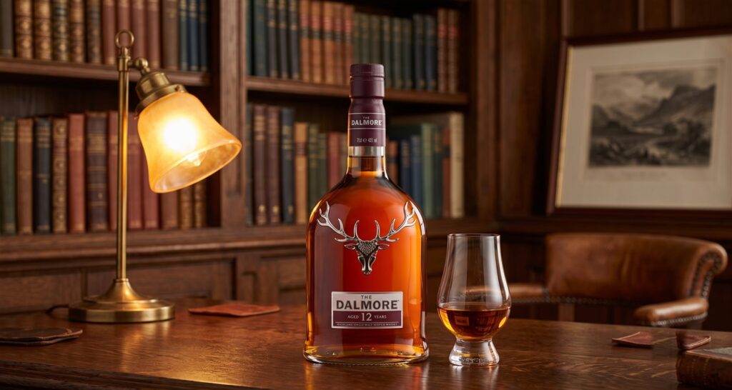 Chai whisky The Dalmore 12 năm bên ly whisky trên bàn gỗ