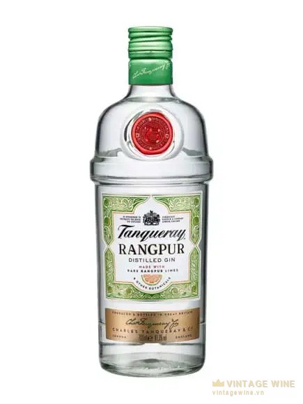 Chai Tanqueray Rangpur thuỷ tinh trong, nhãn kem viền xanh lá, dấu sáp đỏ