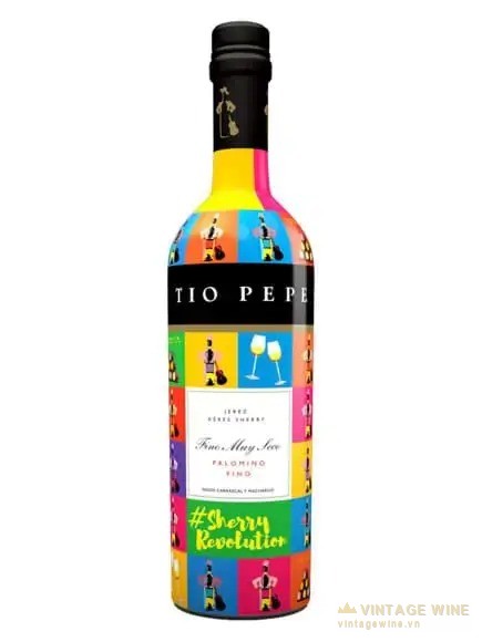 Rượu sherry là gì: chai Tio Pepe Fino nhãn vẽ nhiều màu