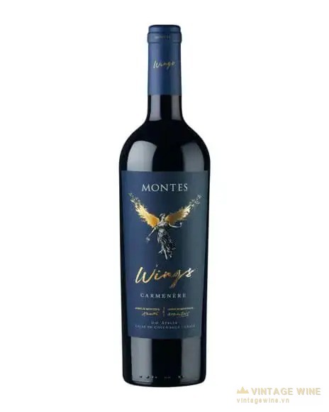 Chai vang đỏ Montes Wings Carmenere nhãn xanh hình thiên thần cánh vàng