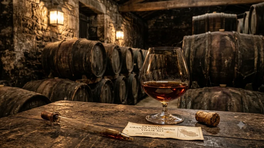 Ly snifter Cognac trong hầm ủ rượu cổ kiểu Pháp, thùng gỗ sồi Limousin, minh họa kiến thức cơ bản về Cognac