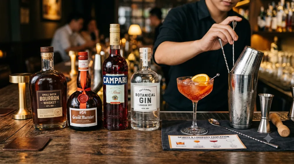Quầy bar với các chai spirits và liqueur đa dạng, bartender đang pha chế cocktail, minh họa kiến thức cơ bản về spirits & liqueur