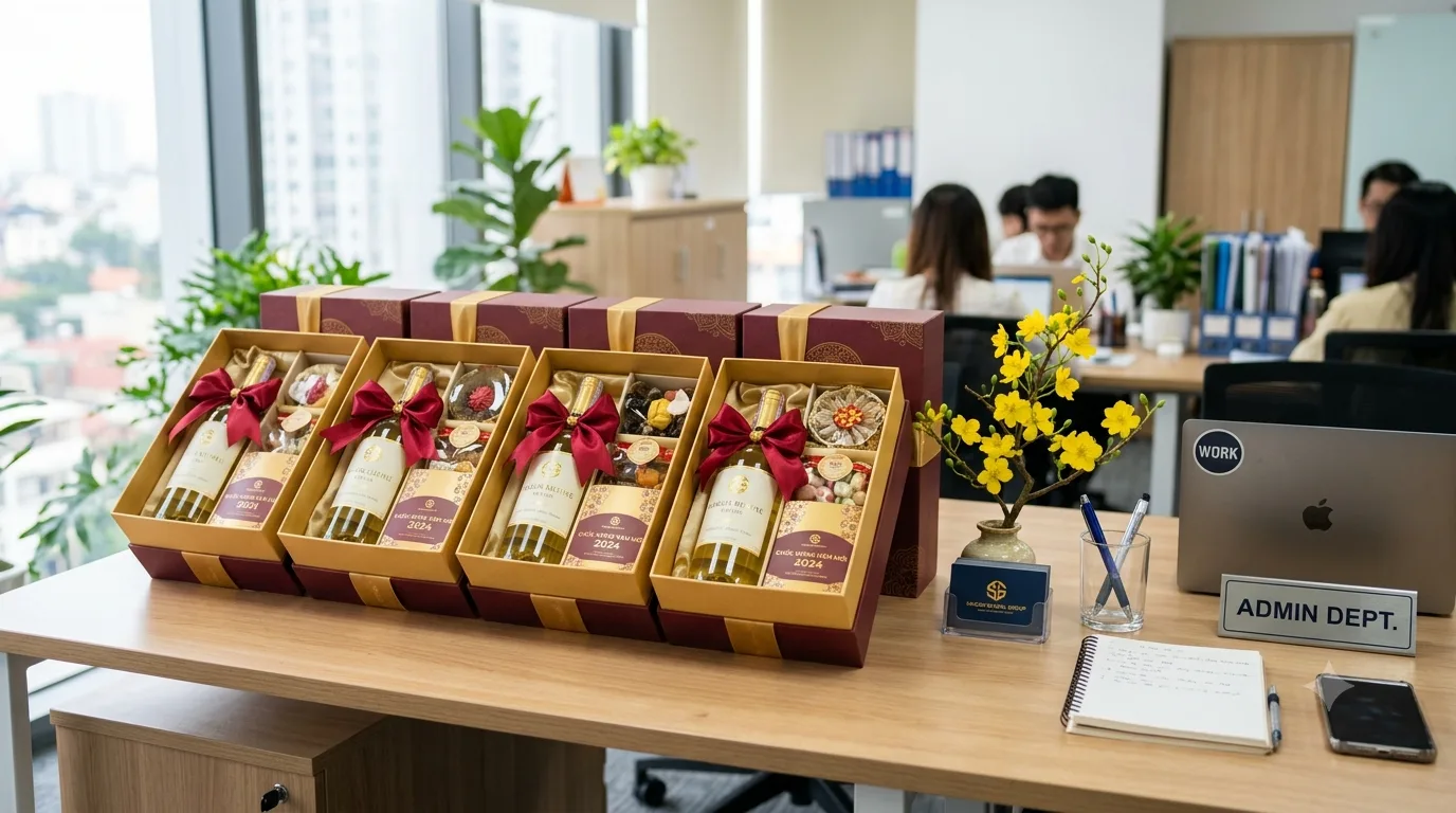 Quà Tết doanh nghiệp: hàng hộp quà rượu vang giống nhau xếp trên bàn làm việc văn phòng, bộ phận hành chính chuẩn bị quà Tết