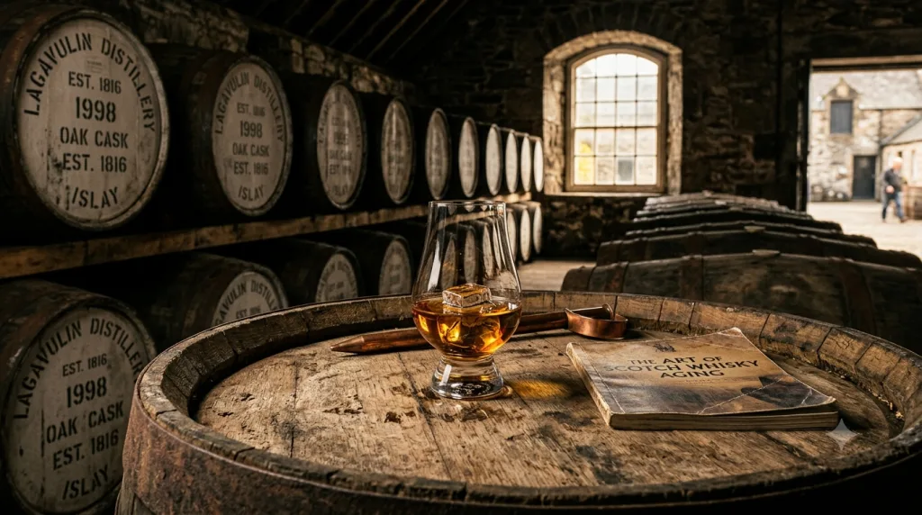 Ly whisky có đá trên mặt thùng gỗ sồi, hầm ủ rượu kiểu Scotland, minh họa kiến thức cơ bản về whisky