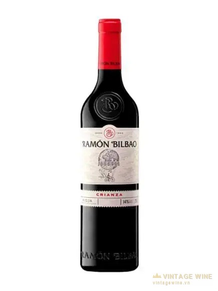 Chai Ramon Bilbao Crianza, vang tempranillo Rioja nhãn trắng nắp đỏ