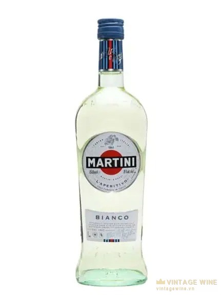 Chai vermouth Martini Bianco thuỷ tinh trong, nắp xanh, nhãn tròn Martini và chữ Bianco