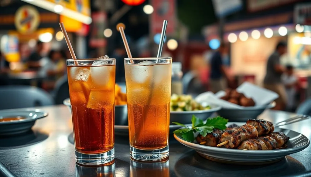 Ly rượu Thái pha soda, đá và chanh bên đồ ăn đường phố Bangkok ban đêm