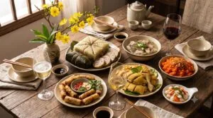 Mâm cỗ Tết miền Bắc với bánh chưng, giò lụa, nem rán, gà luộc, xôi gấc và ly rượu vang trắng, vang sủi, vang đỏ