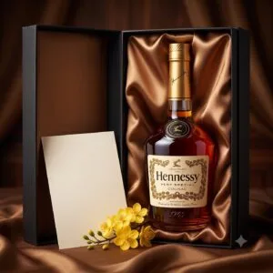 Ảnh minh họa set quà Tết cognac: chai Hennessy VS trong hộp quà đen lót satin, thiệp và cành hoa mai