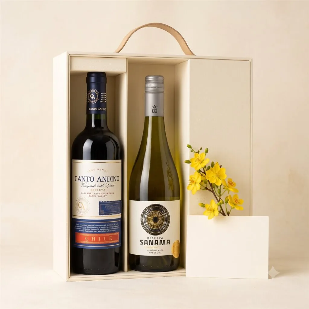 Ảnh minh họa set vang đôi: hai chai Canto Andino Cabernet và Sanama Chardonnay trong hộp quà, thiệp và cành hoa mai