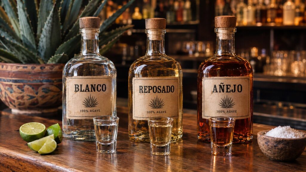 Ba loại tequila Blanco, Reposado, Añejo và ly shot
