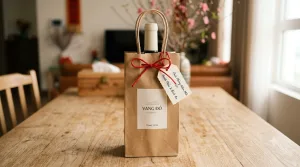 Giỏ quà Tết 200K: chai rượu vang trong túi giấy kraft giản dị, kèm thiệp chúc Tết viết tay