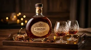 Giỏ quà Tết 1 triệu: chai Cognac trên khay gỗ cùng hai ly pha lê, không gian ấm cúng sang trọng