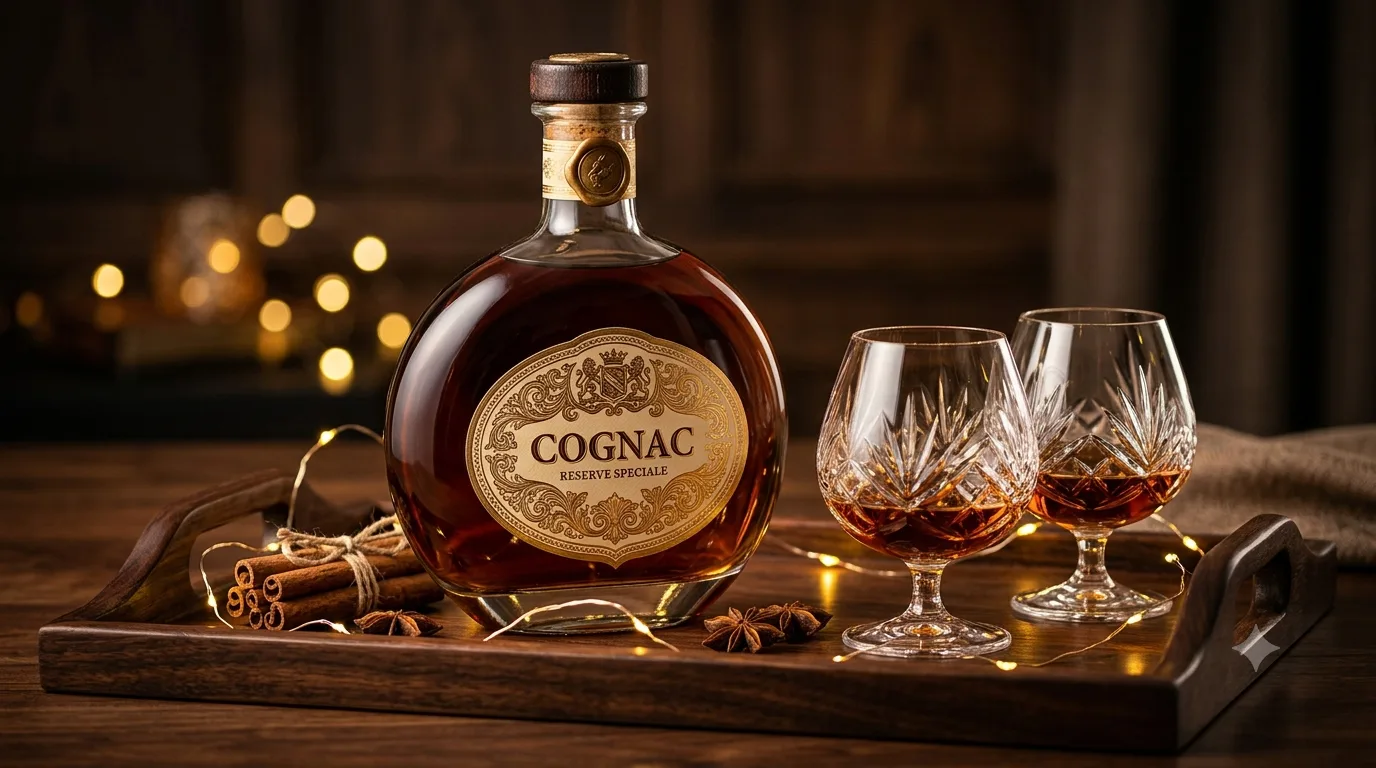 Giỏ quà Tết 1 triệu: chai Cognac trên khay gỗ cùng hai ly pha lê, không gian ấm cúng sang trọng