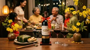 Rượu biếu bố vợ ngày Tết: chai rượu và hoa mai trên bàn tiệc gia đình sum họp ấm cúng