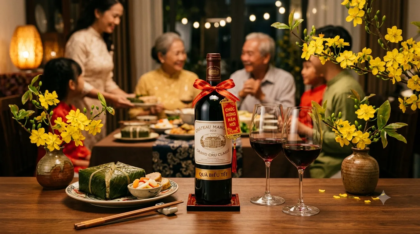 Rượu biếu bố vợ ngày Tết: chai rượu và hoa mai trên bàn tiệc gia đình sum họp ấm cúng