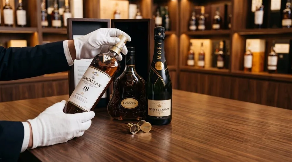 Thu mua rượu ngoại: chuyên viên VINTAGE WINE thẩm định chai Macallan 18, Hennessy XO và Moët & Chandon
