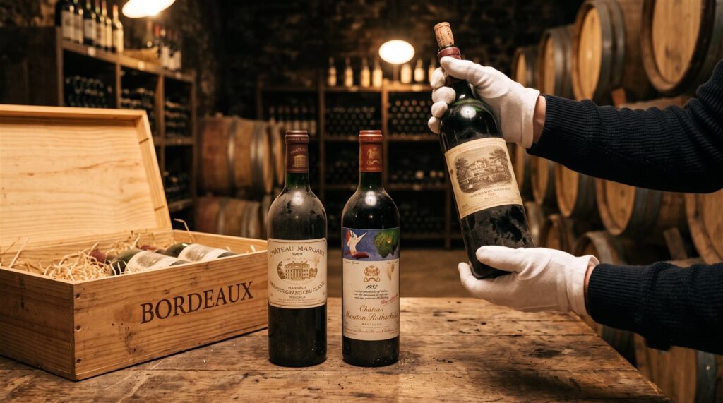 Thu mua rượu vang Bordeaux: kiểm tra mực rượu chai Château Lafite Rothschild, Margaux, Mouton Rothschild