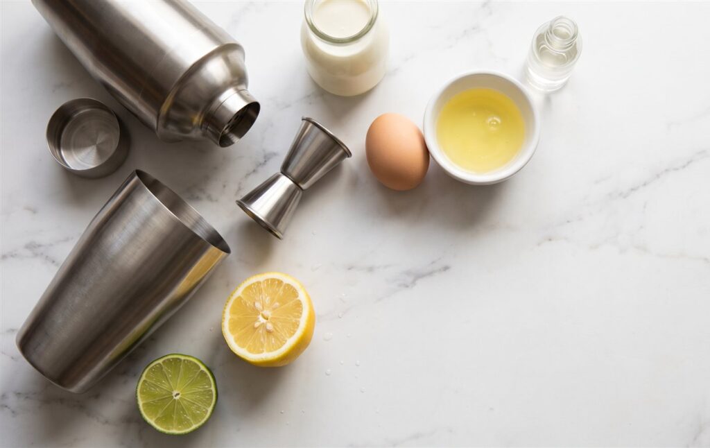 Nguyên liệu pha Ramos Gin Fizz: chanh vàng, chanh xanh, lòng trắng trứng, kem, nước hoa cam