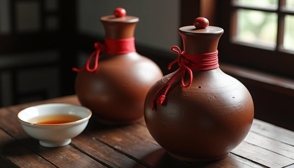 Vò rượu hoàng tửu bằng gốm buộc dây đỏ bên chén rượu màu hổ phách (ảnh minh họa)