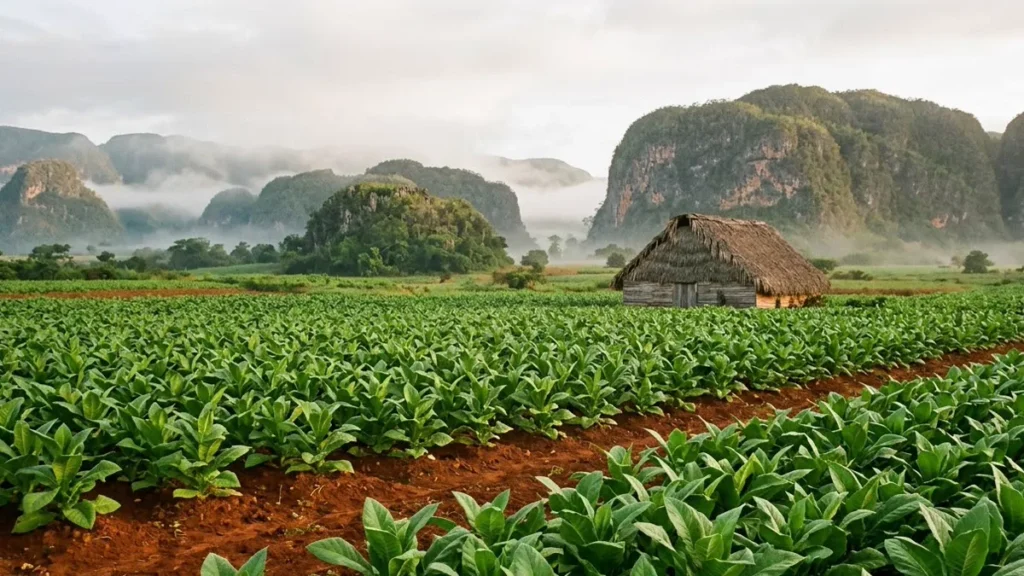 Cánh đồng thuốc lá vùng Vuelta Abajo, Cuba, với nhà sấy lá